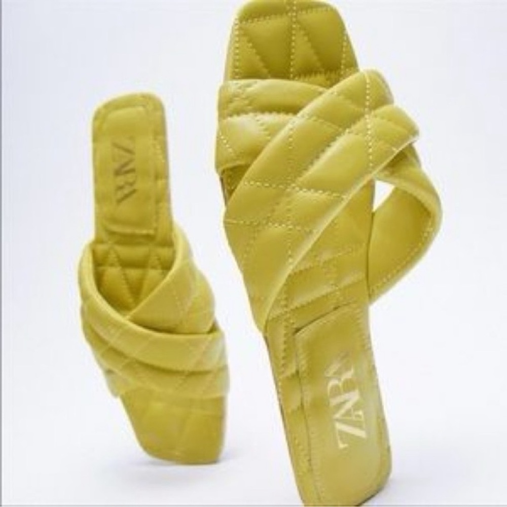 Zara QUILTED SLIDES Crossed Straps Sandals Green NEE